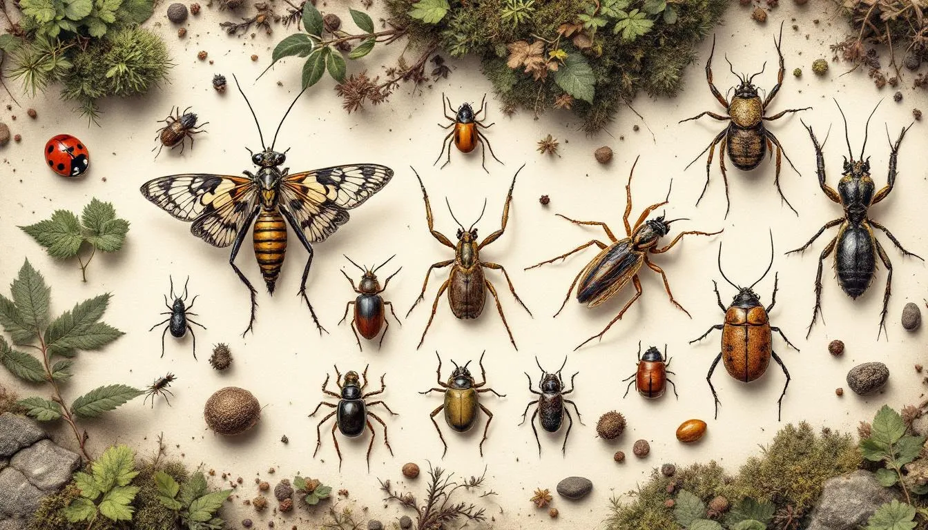 A variety of terrestrial arthropods displayed in a natural setting.
