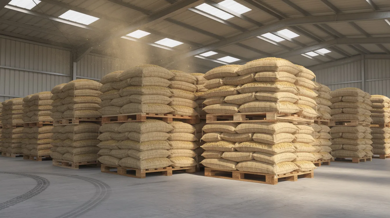 43291056 daa7 4632 9c6b dc66a0fbb2b1 The image depicts the interior of a spacious grain warehouse, showcasing stacked jute bags filled with wheat neatly arranged on wooden pallets. This facility highlights the storage capacity essential for managing large volumes of agricultural products, ensuring grain quality and efficient logistics for farmers and traders.