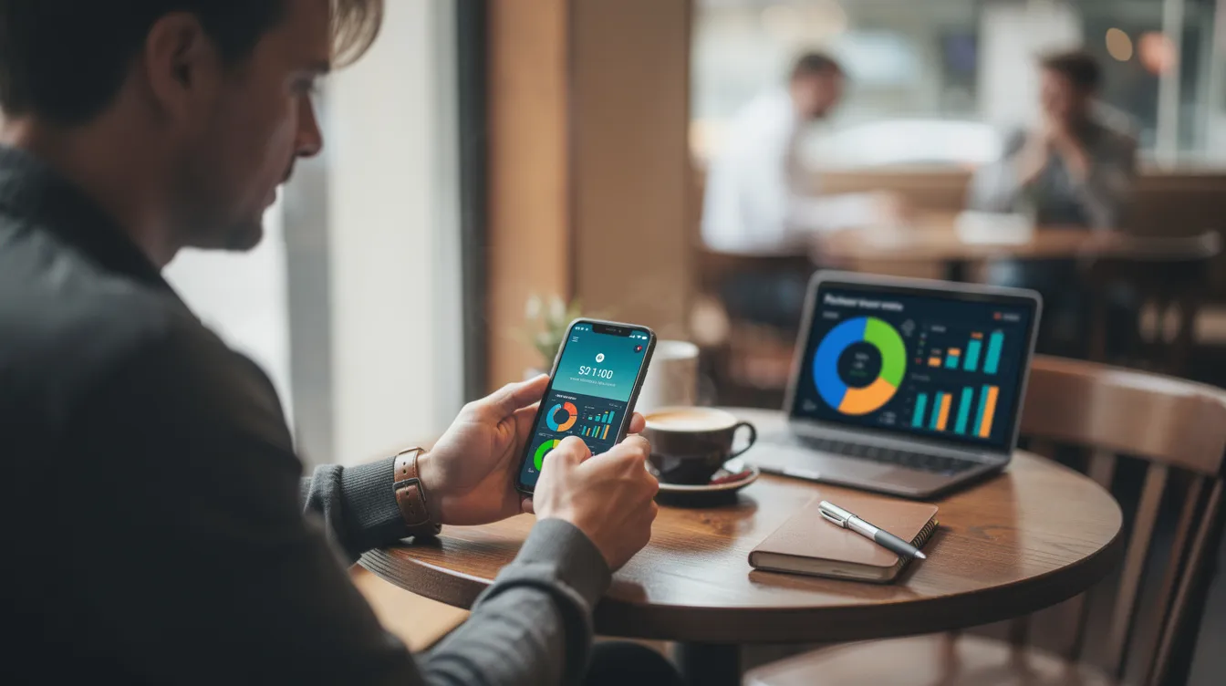 A person is sitting at a cafe table, intently looking at their smartphone, which displays colorful spending charts that help them analyze their financial data and track expenses. This budgeting app assists users in managing their money habits and making informed decisions about their spending patterns.