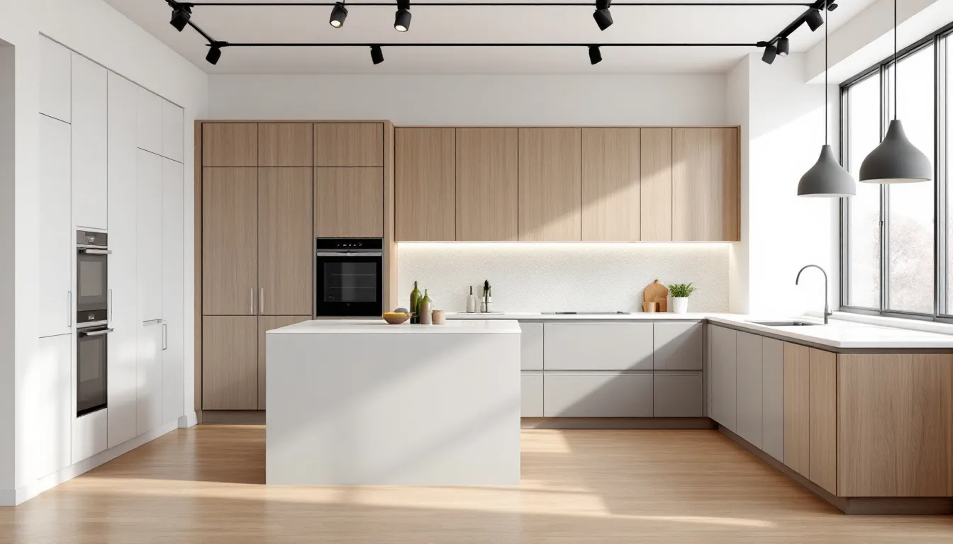 An assortment of custom kitchen cabinets displayed in a showroom.