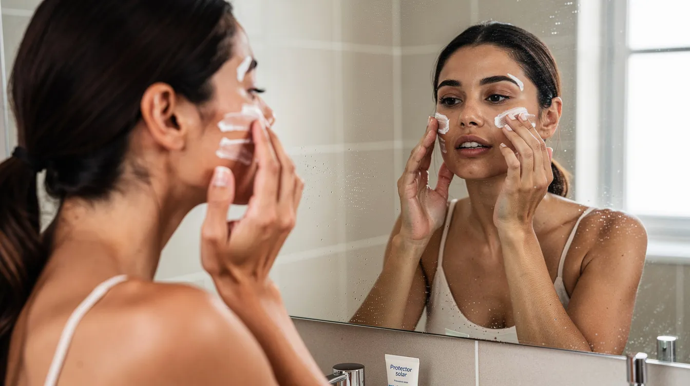 Una persona se aplica protector solar en el rostro frente a un espejo, cuidando su piel y evitando la aparición de bolsas debajo de los ojos. La imagen refleja la importancia de proteger la piel del rostro, especialmente después de procedimientos como la blefaroplastia.