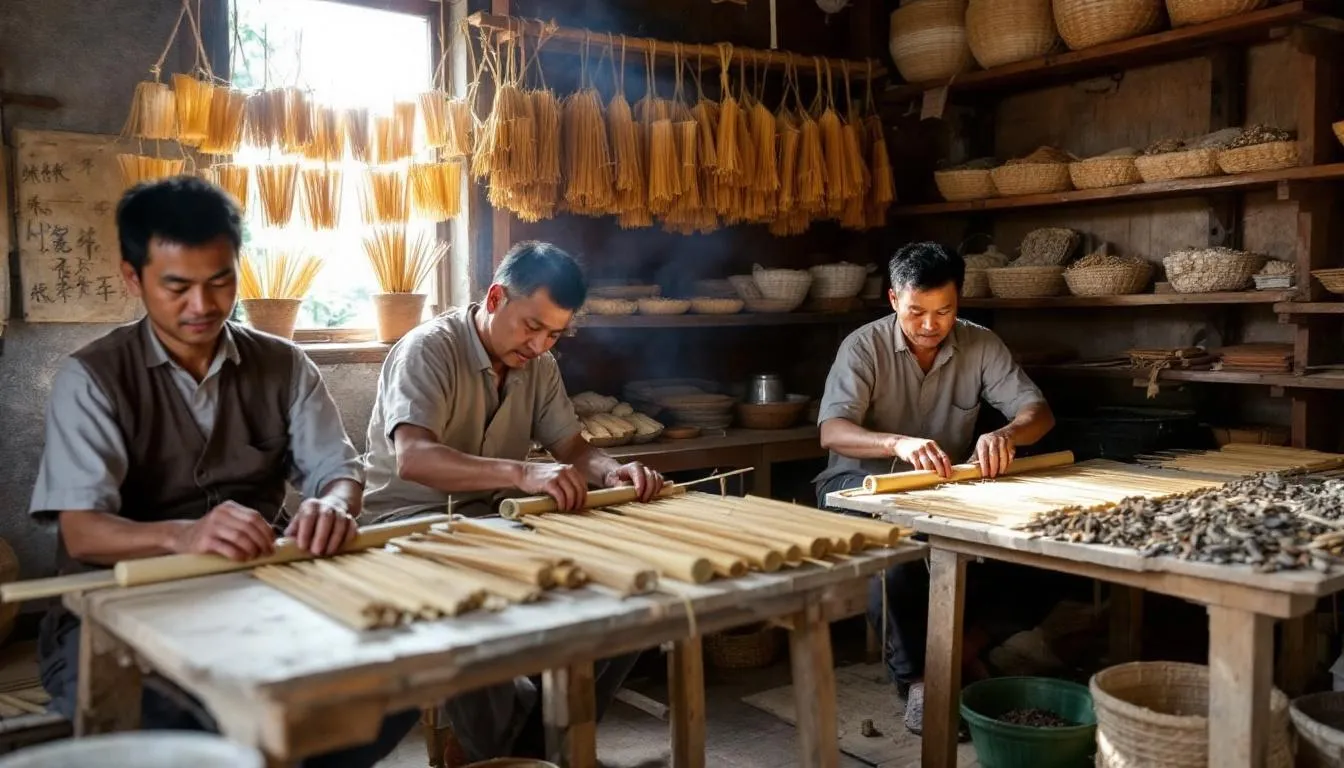 In der Bildbeschreibung sieht man traditionelle Handwerker in einer Manufaktur, die sorgfältig Räucherstäbchen rollen. Die Atmosphäre ist geprägt von den natürlichen Düften des Räucherwerks, während die Handwerker mit Hingabe an der Herstellung dieser duftenden Stäbchen arbeiten.