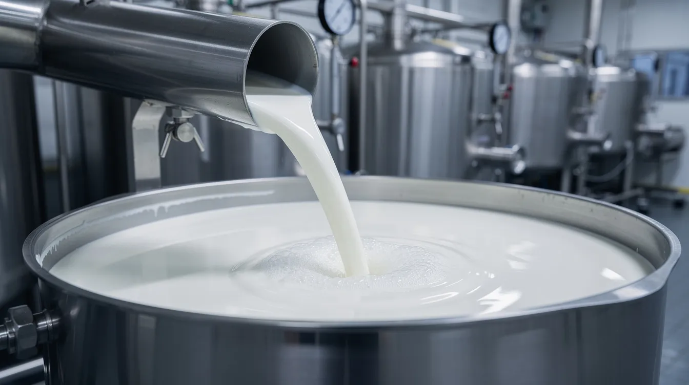 In a clean dairy factory, fresh milk is being poured into a large stainless steel processing vat, showcasing the efficient milk processing essential for producing various dairy products. This step is crucial for ensuring quality control and meeting industry standards in the dairy industry.