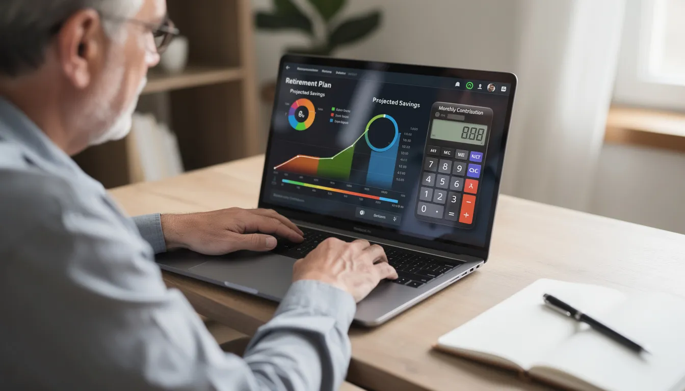 A person is sitting at a desk, focused on their laptop displaying retirement planning software, which includes a calculator and various graphs related to retirement savings and investments. The scene emphasizes the importance of planning for retirement, highlighting the need to make informed decisions about retirement accounts and living expenses.