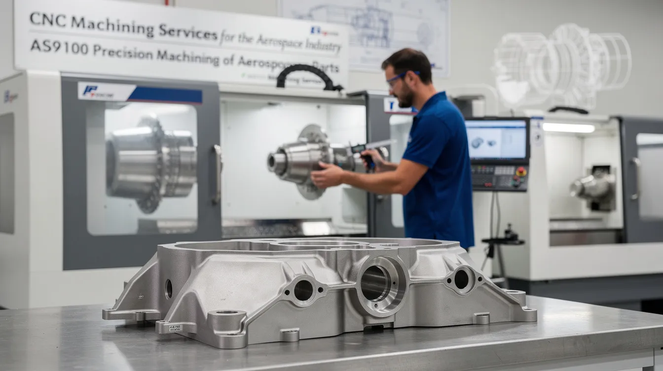The image depicts a CNC machining setup specifically designed for the aerospace industry, showcasing precision machined aerospace components. Highlighting AS9100 certified processes, the scene emphasizes advanced technology and machining capabilities to produce ultra precision aerospace parts that meet stringent aerospace standards.