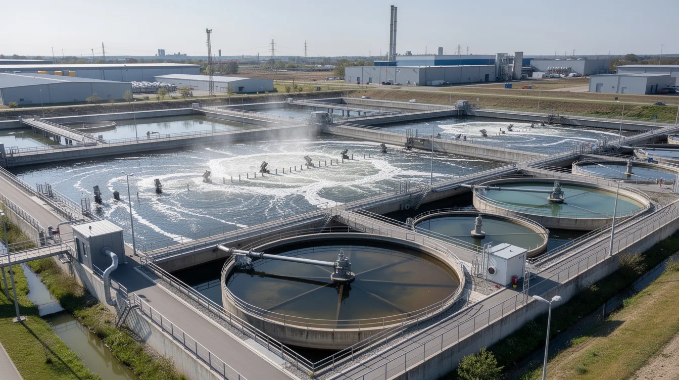 The image depicts a wastewater treatment facility featuring aeration tanks and settling basins, essential components in managing process water for dairy processing plants. This infrastructure plays a crucial role in ensuring water quality and efficiency while minimizing energy consumption and operating costs in the dairy industry.