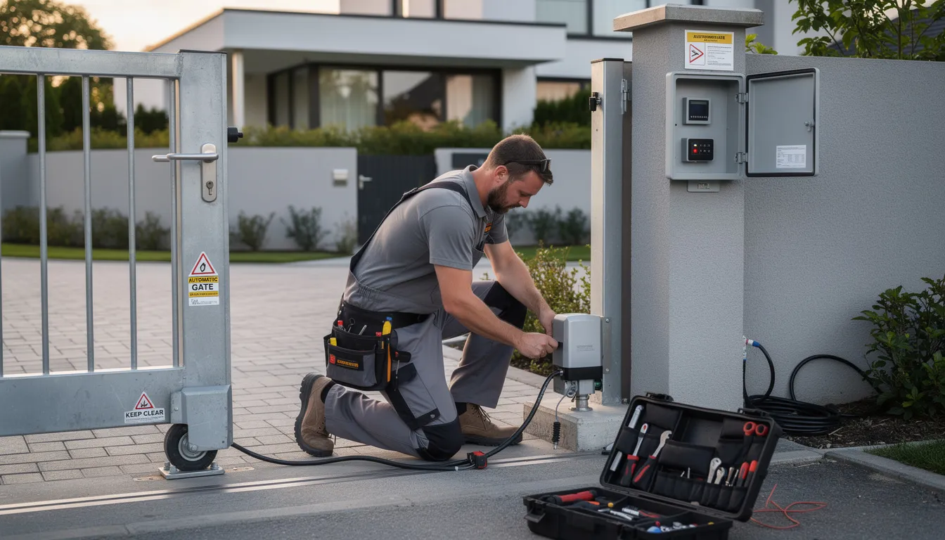 A technician is installing an automatic gate motor at the entrance of a property, ensuring that the new electric gates will provide added convenience and security. The installation highlights the use of quality hardware and industry experience for reliable and efficient operation.