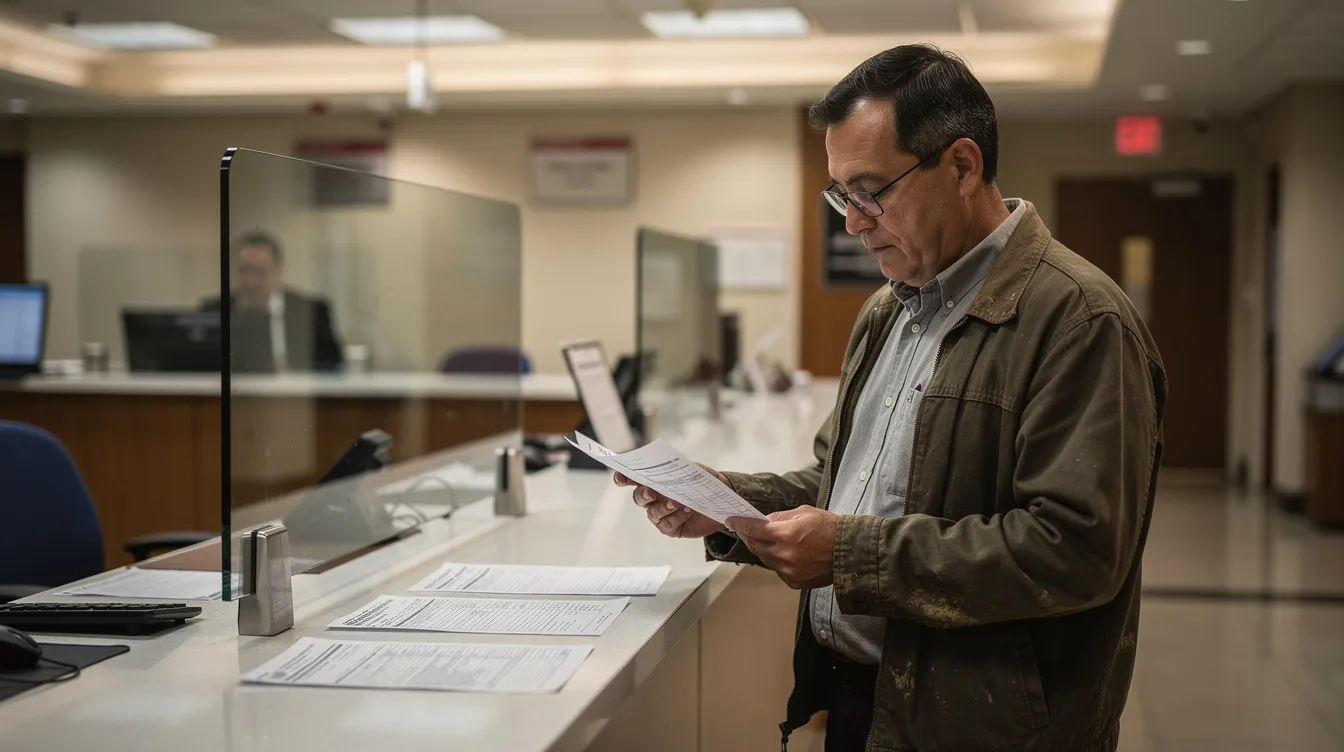 4333042a e917 4120 80b2 bde33a5f8fef The image shows a small shopkeeper standing near a bank counter, intently reviewing paperwork related to a mudra loan application. The setting suggests a financial institution where the shopkeeper is likely discussing eligibility criteria and loan amounts for income-generating micro enterprises.