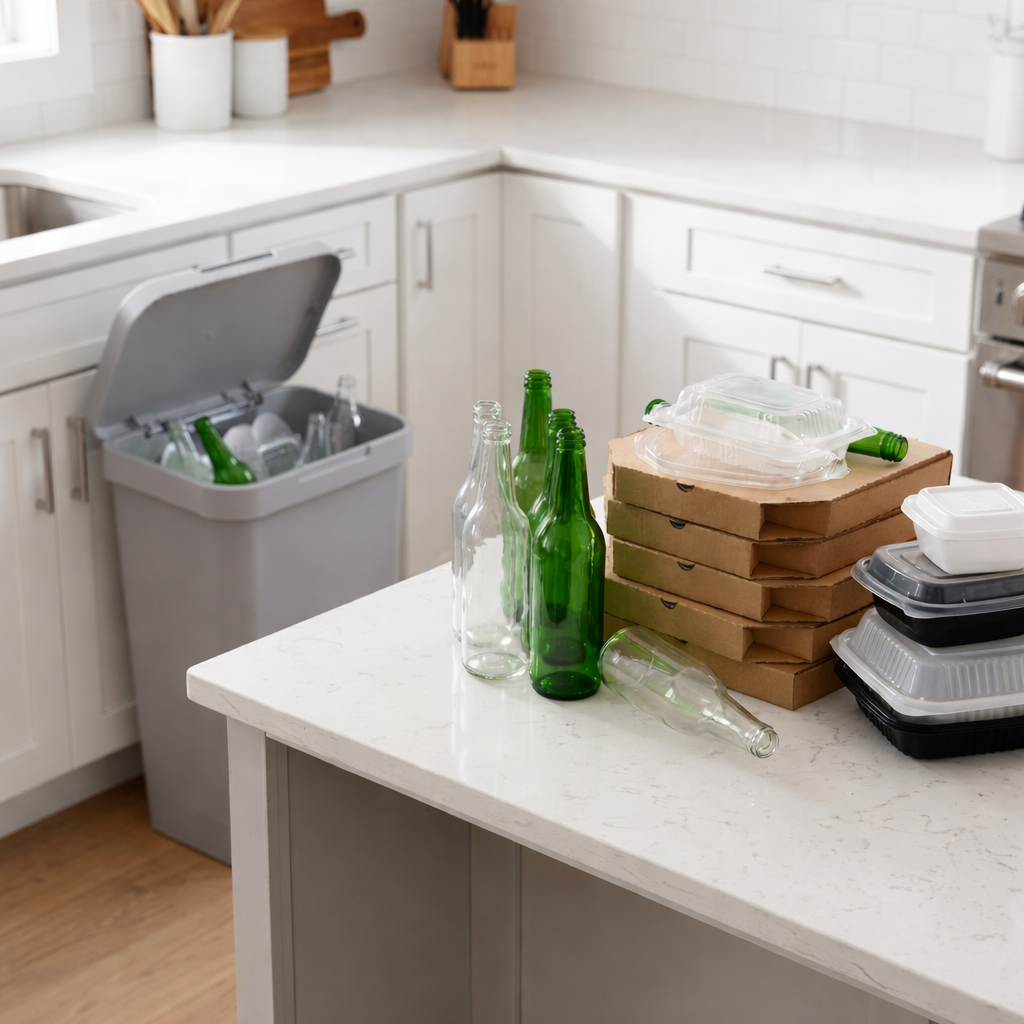 A typical waste profile for a short-term rental, featuring glass bottles and food packaging on a kitchen island.