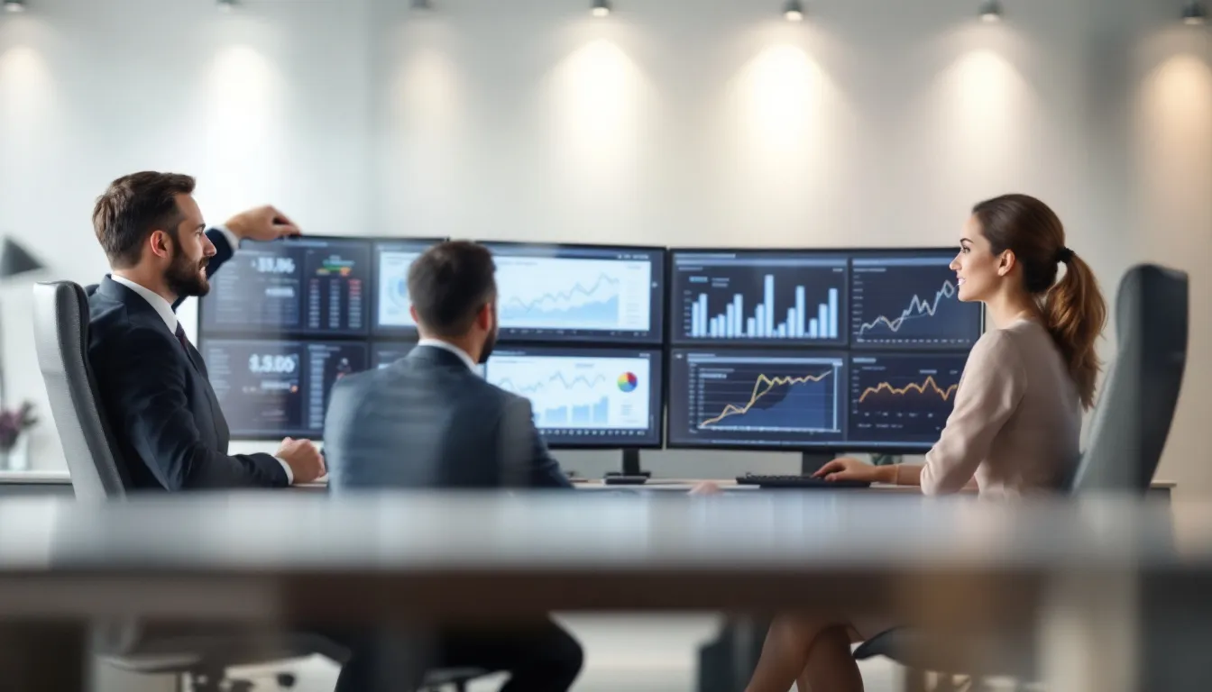 Hotel staff are engaged in analyzing revenue trends on multiple computer monitors, reviewing daily revenue reports and sales data to identify key metrics that drive growth and maximize revenue. They are focused on understanding room revenue and occupancy reports to make informed decisions about pricing strategies and forecast demand for the hotel business.