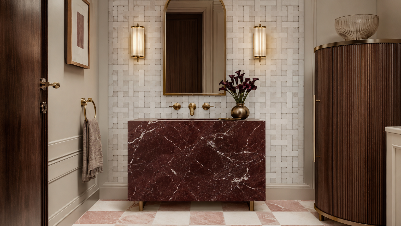 Luxury powder room with a soft checkerboard floor, basketweave mosaic wall and burgundy stone vanity.