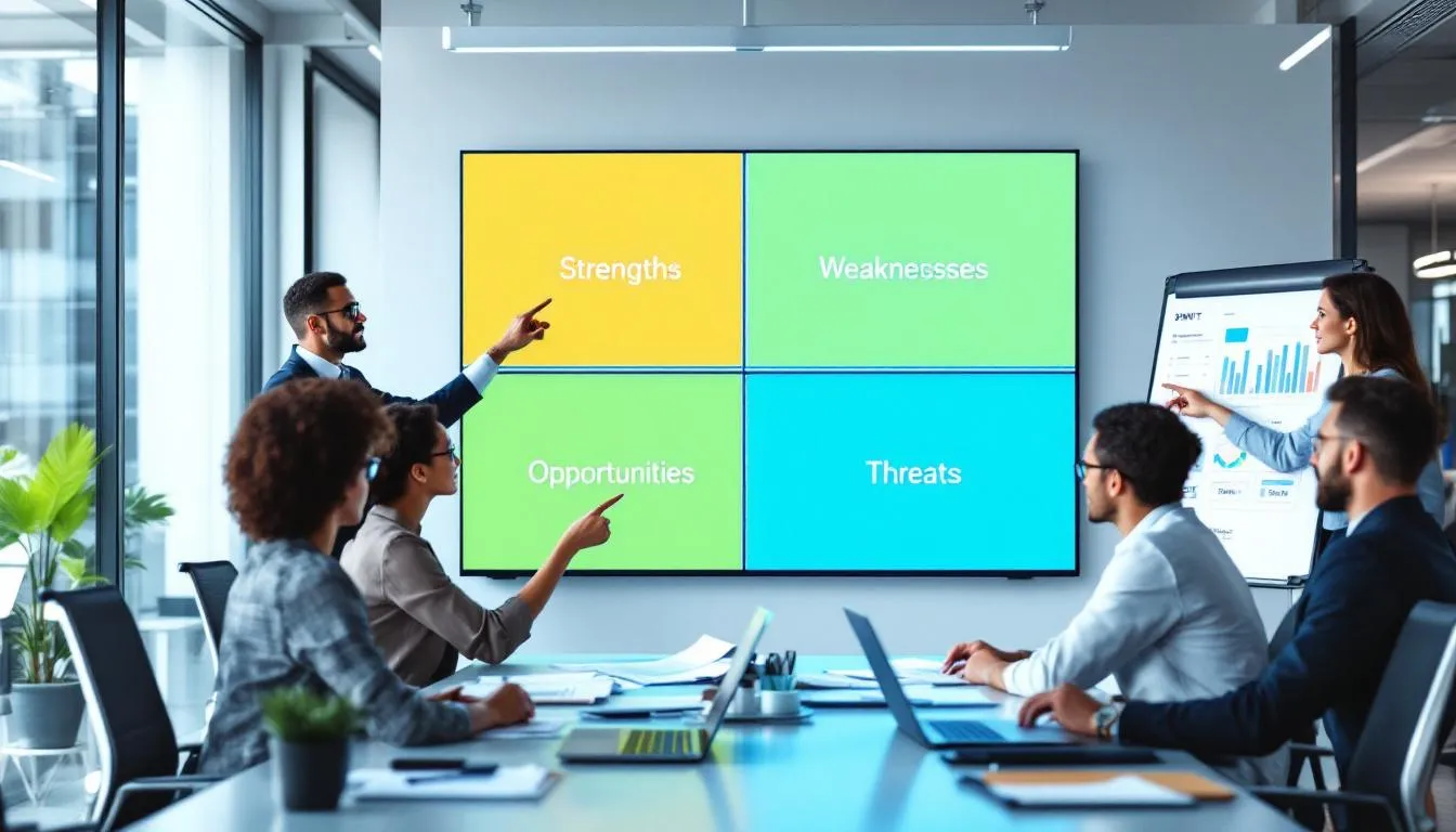The image illustrates a business leader analysing data on a digital tablet, surrounded by charts and graphs that represent key performance indicators and SWOT analysis results. This scene emphasises the importance of optimising business operations and implementing effective growth strategies for sustainable success and market expansion.