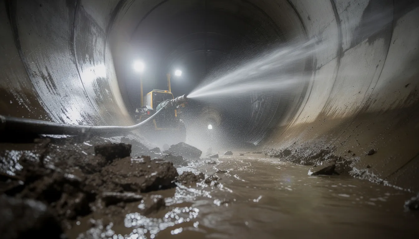 A high-pressure water jetting machine is actively clearing debris from a clogged sewer line, showcasing advanced equipment used by sewer specialists to tackle unique sewer challenges faced by homeowners. The scene illustrates the importance of professional sewer service in maintaining a clean and functional sewer system.