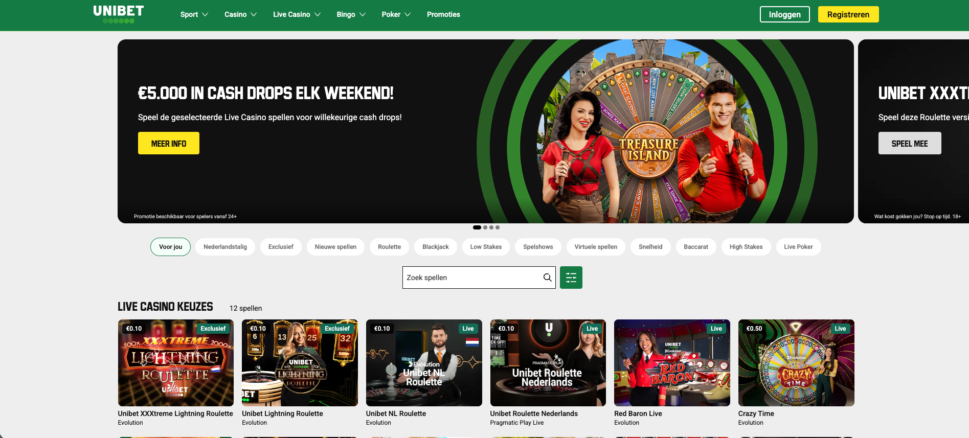Overzicht van het Unibet live casino, met promotie voor €5.000 cash drops elk weekend en populaire live casino spellen zoals Crazy Time, Lightning Roulette en Unibet Roulette Nederland, gespeeld met echte dealers van providers zoals Evolution en Pragmatic Play.