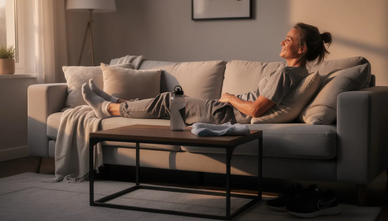 A person is lounging on a cozy couch in comfortable clothes, enjoying a moment of relaxation after a workout. They may be considering their creatine supplementation routine to support muscle recovery and growth, ensuring their muscle creatine stores are adequately replenished for optimal performance in their next training session.