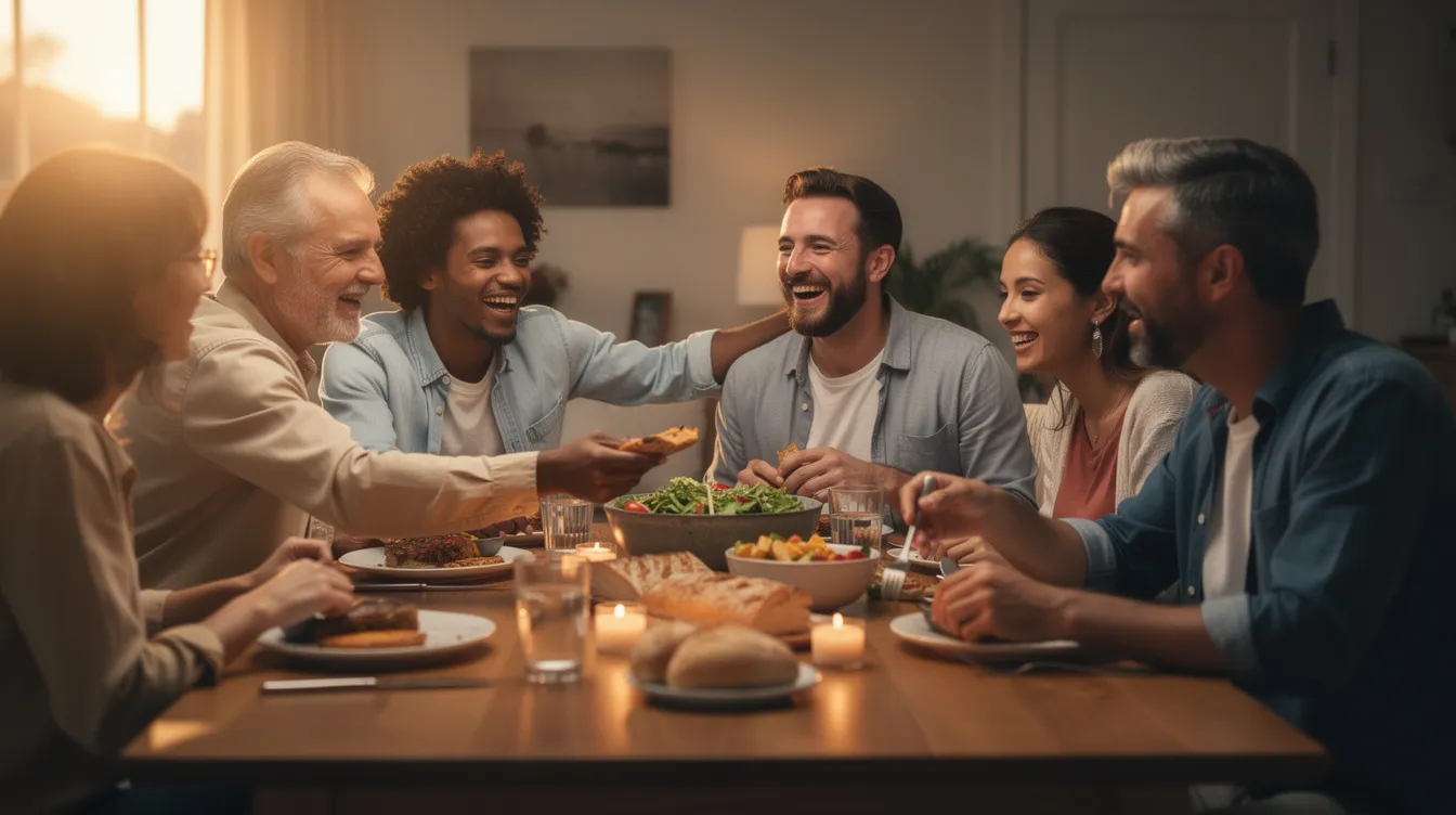 A diverse group of people, including family members and friends, gather around a table sharing a meal, their body language reflecting warmth and connection, embodying the acceptance and love that Jesus Christ intended for all. This intimate setting highlights the beauty of relationships and the hope found in community, as they engage in meaningful conversation and fellowship.