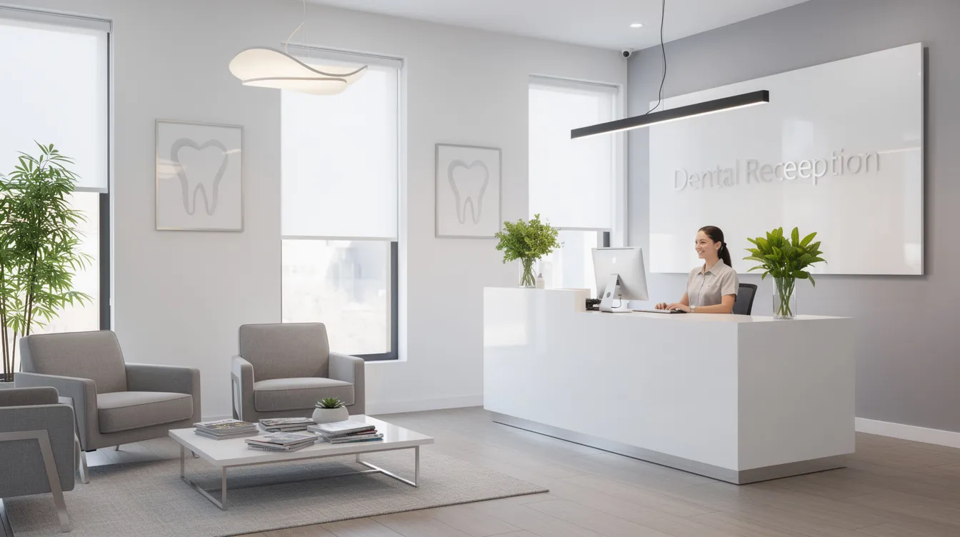 The image depicts a modern, well-organized dental practice interior featuring a welcoming reception area with comfortable seating and a clean, professional design. This environment reflects the importance of efficient dental billing processes and patient care in dental services.