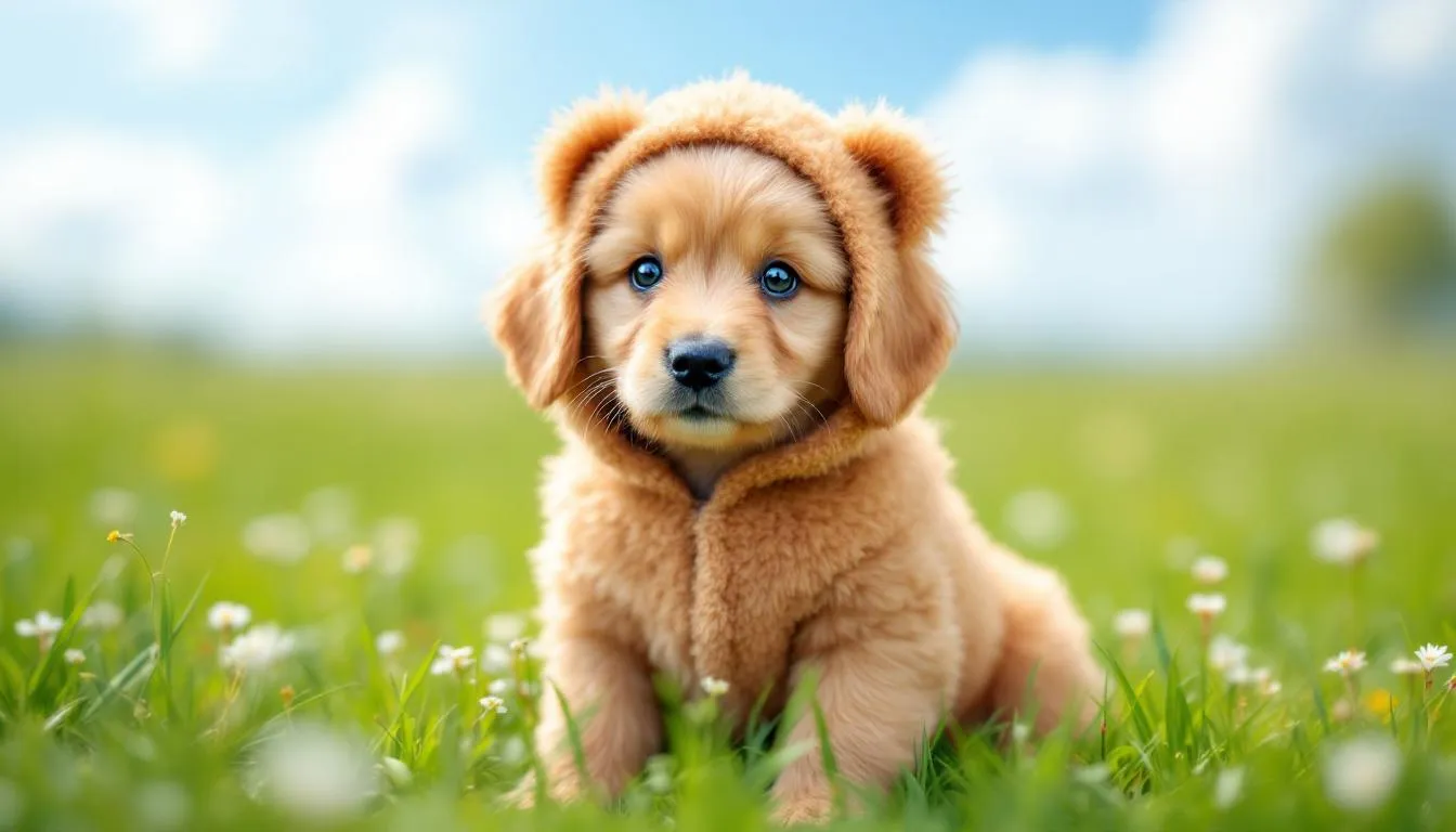 A mini goldendoodle puppy is sitting in a lush green grass patch, resembling a cuddly teddy bear with its fluffy coat. This playful and affectionate puppy is perfect for families and great for children, showcasing the gentle and loyal nature of mini goldendoodles.