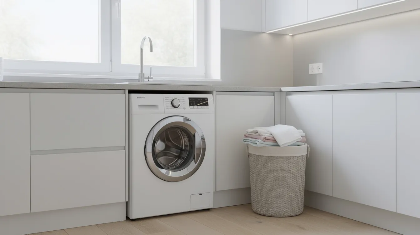 The image depicts a modern white kitchen featuring a front-loading washing machine neatly installed beneath the countertop, with a laundry basket placed nearby, highlighting a practical setup for busy households. This arrangement emphasizes the convenience of having efficient washing machines readily accessible for managing laundry tasks.