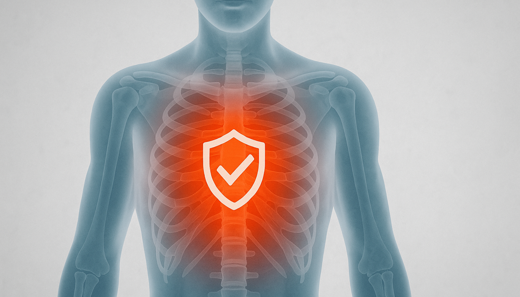 Illustrasjon av menneskekropp med betennelse i brystregionen, fremhevet med rødt område og symbol for immunforsvar.