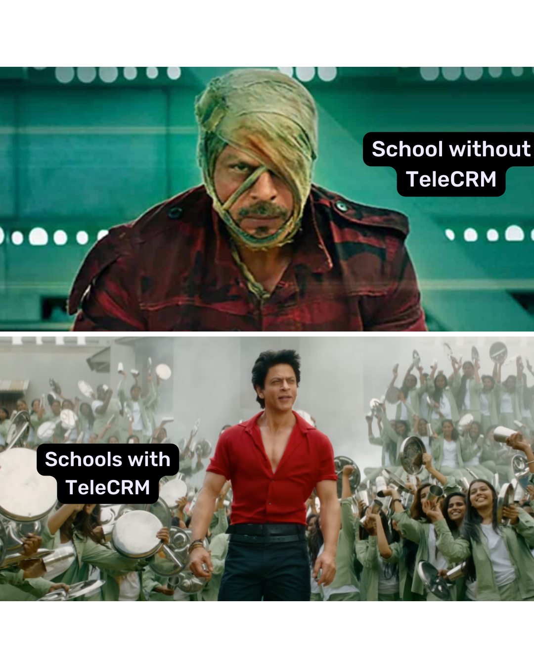 Schools without TeleCRM and School with TeleCRM. Comparative Meme. SRK. Jawan.