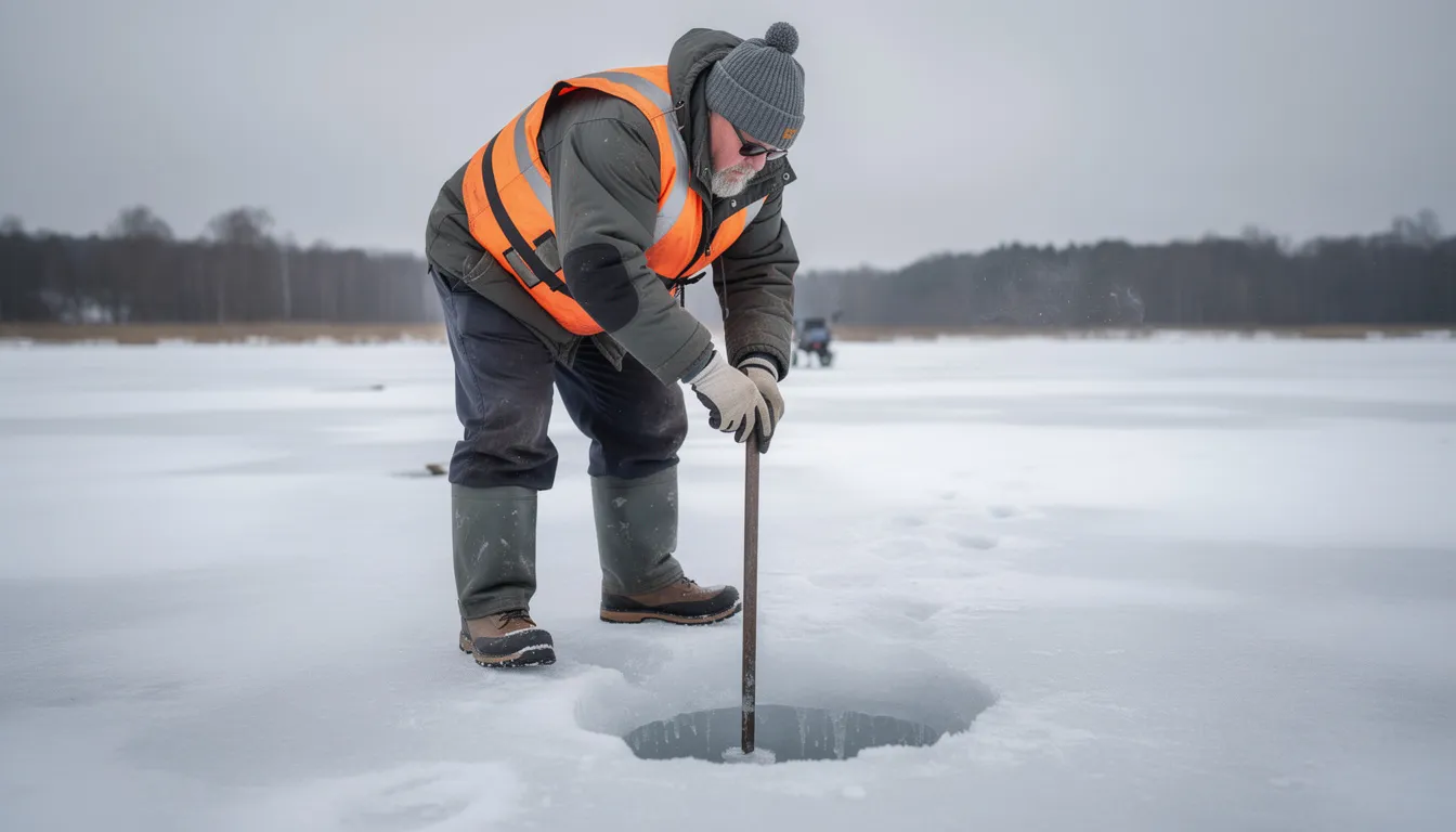 Na zdjęciu wędkarz w zimowym stroju z kamizelką asekuracyjną sprawdza grubość lodu na zbiorniku wodnym, przygotowując się do łowienia ryb zimą. Jego obecność wskazuje na aktywność ryb w tym okresie oraz znaczenie odpowiedniego sprzętu w wędkarstwie podlodowym.