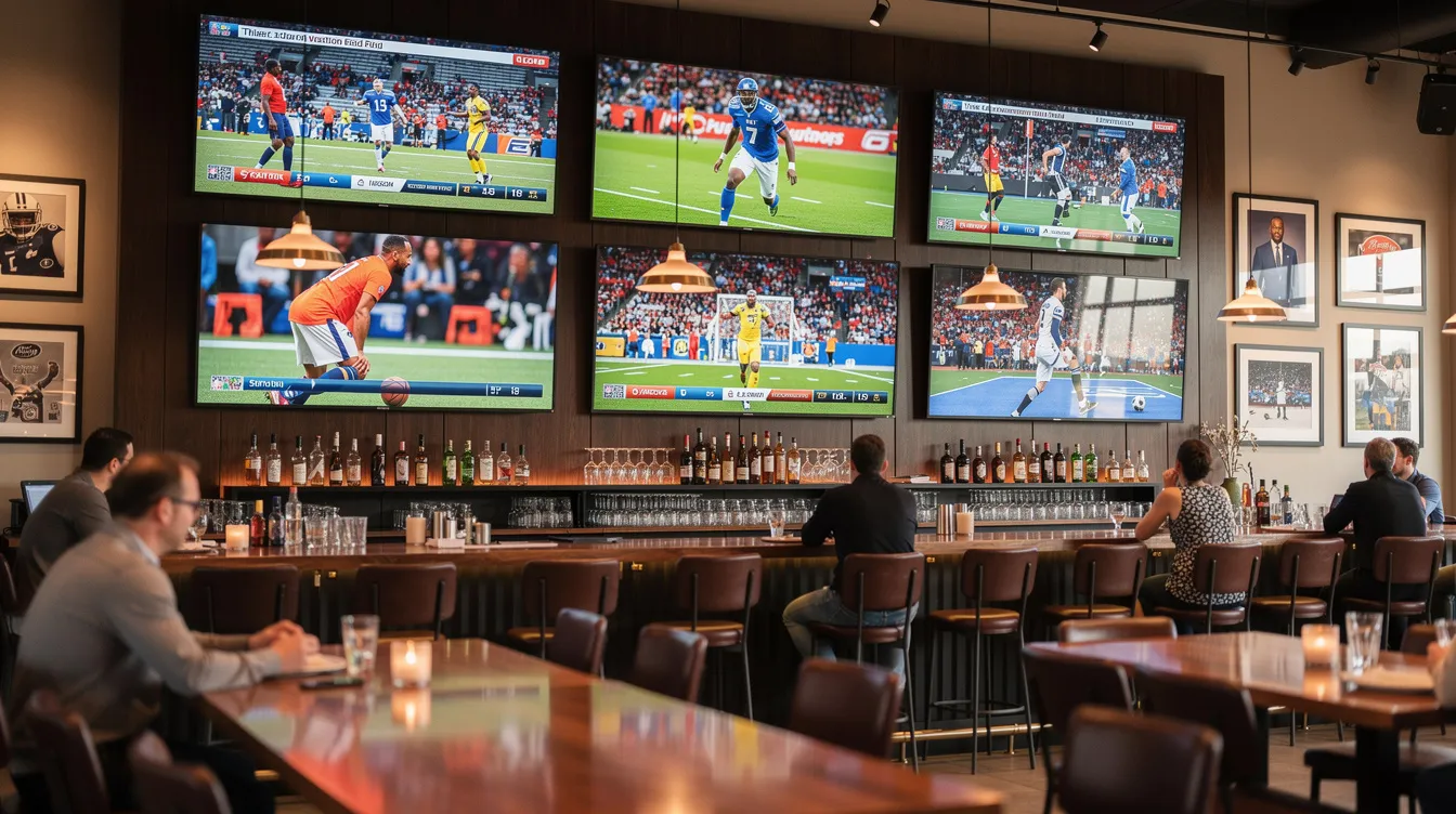 The image shows multiple flat-screen televisions mounted on a wall in a lively bar or restaurant, all tuned to various sports channels, creating an engaging atmosphere for patrons. This setup highlights the importance of professional DSTV installation services, ensuring optimal signal reception for uninterrupted viewing pleasure.