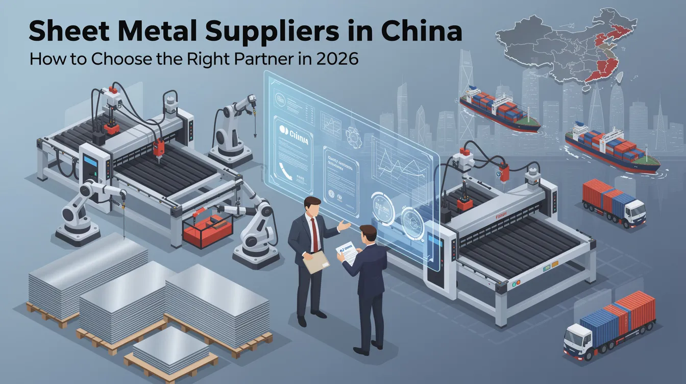 The image depicts a modern factory specializing in sheet metal fabrication in China, showcasing various industrial equipment and processes like laser cutting and CNC machining. Workers are seen efficiently producing custom sheet metal parts, emphasizing quality control and precision in their operations.