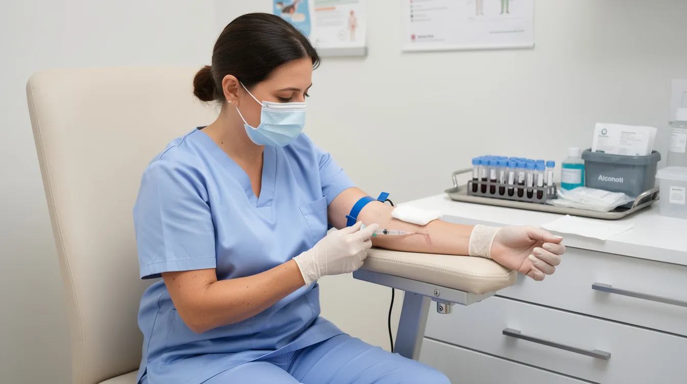 A medical professional is drawing blood from a patient's arm in a clinical setting, showcasing a routine medical treatment that may be linked to assessing testosterone levels for testosterone replacement therapy or other hormone-related conditions. The sterile environment emphasizes the importance of health and wellness in managing low testosterone and supporting overall metabolic health.