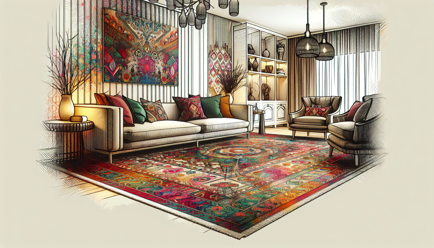 Colorful rug adding visual interest to a neutral living room