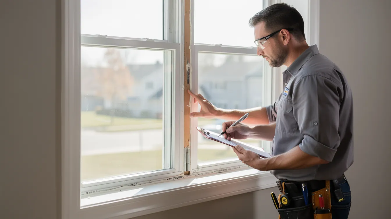 A contractor is inspecting a residential window frame, assessing its condition for potential window replacement. The focus is on ensuring the frame meets industry standards for quality and safety before proceeding with any glass repair or installation services.