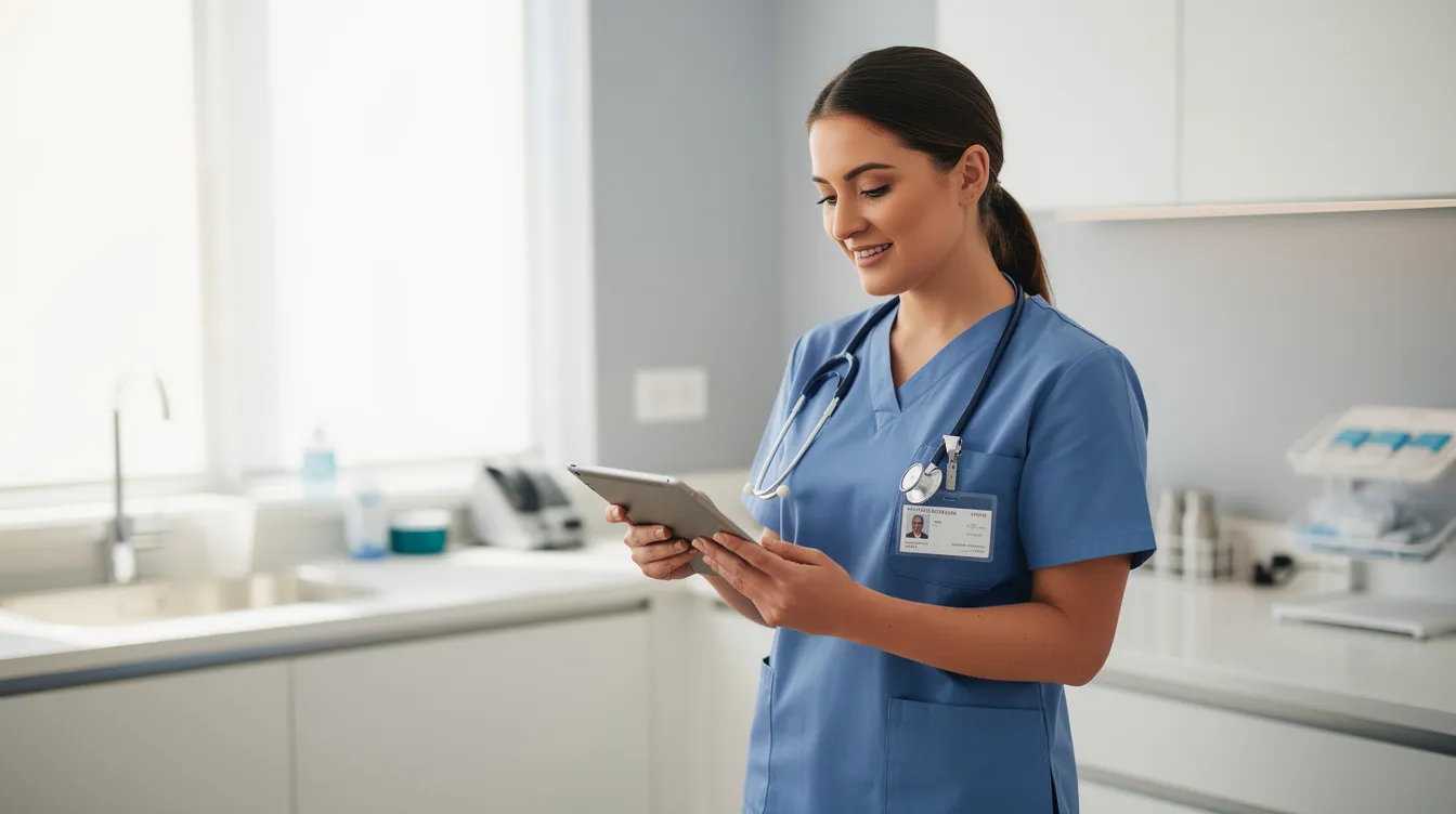 Un profesional de la salud está revisando información en una tablet dentro de una clínica moderna y luminosa, rodeado de un ambiente que transmite eficiencia y atención al cliente. La tecnología utilizada sugiere la implementación de soluciones de inteligencia artificial para mejorar la experiencia de los usuarios.