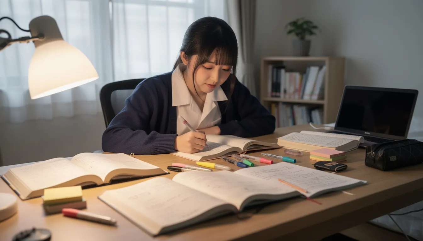 A Japanese student is seated at a desk, surrounded by textbooks and notes, deeply focused on studying vocabulary and translations. The scene captures the essence of learning a language, with the student likely reflecting on common mistakes and how to understand and remember new words.