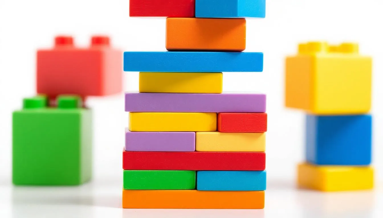 The image depicts a colorful arrangement of building blocks, showcasing various shapes and sizes stacked together, which could inspire creativity and play. Each block represents an independent clause, while the way they connect illustrates the concept of complex sentences, where dependent clauses enhance the overall structure and meaning.