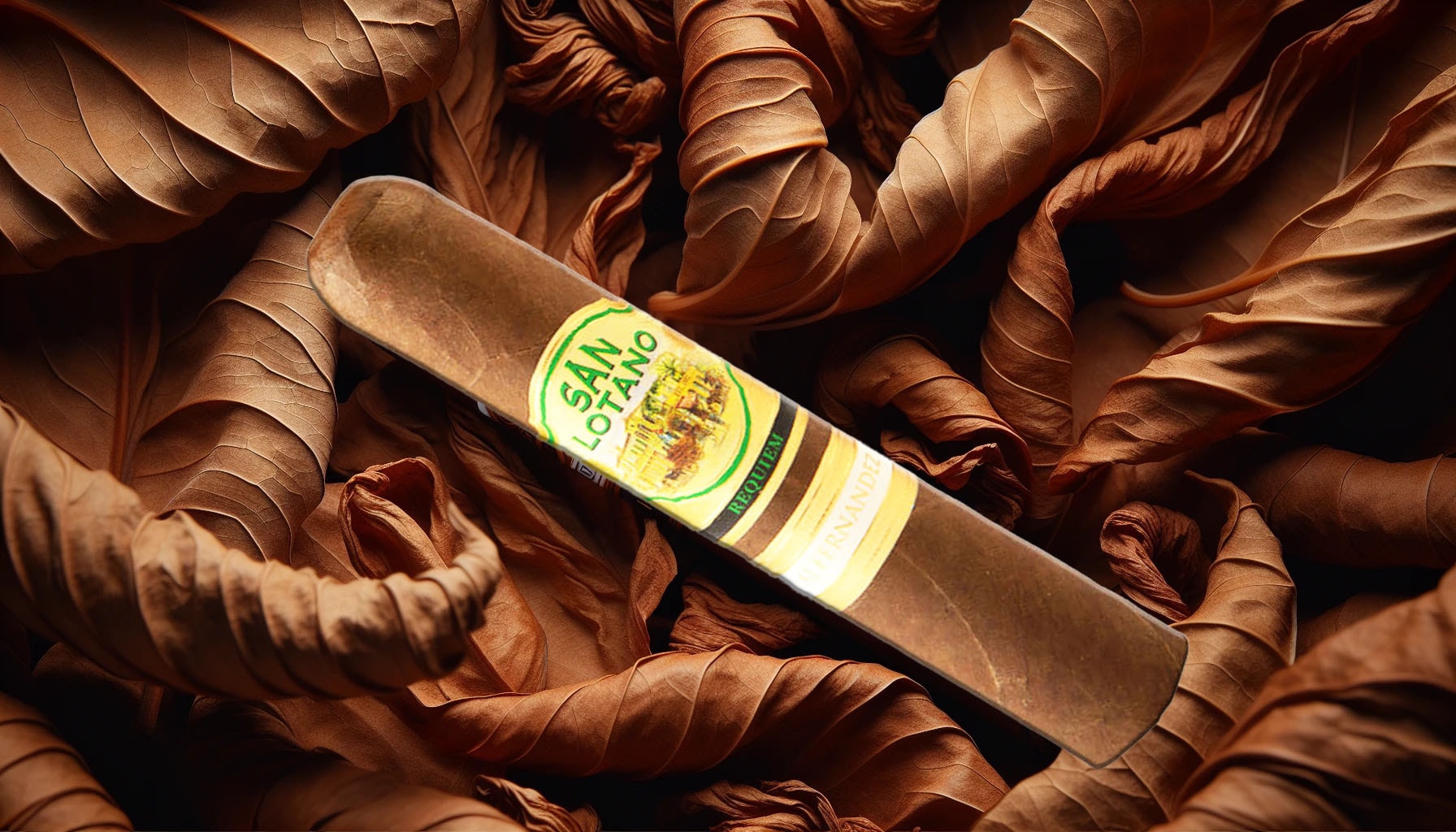 Illustration of tobacco leaves and a cigar, representing the full-bodied flavor of San Lotano Requiem Habano