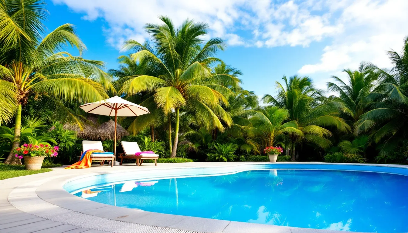 A beautifully designed fiberglass swimming pool is surrounded by lush palm trees, creating a serene outdoor living space perfect for enjoying swimming on hot summer days. The pool features clean lines and a rectangular shape, making it an ideal choice for many homeowners in Central Florida looking to enhance their backyard with a dream pool.