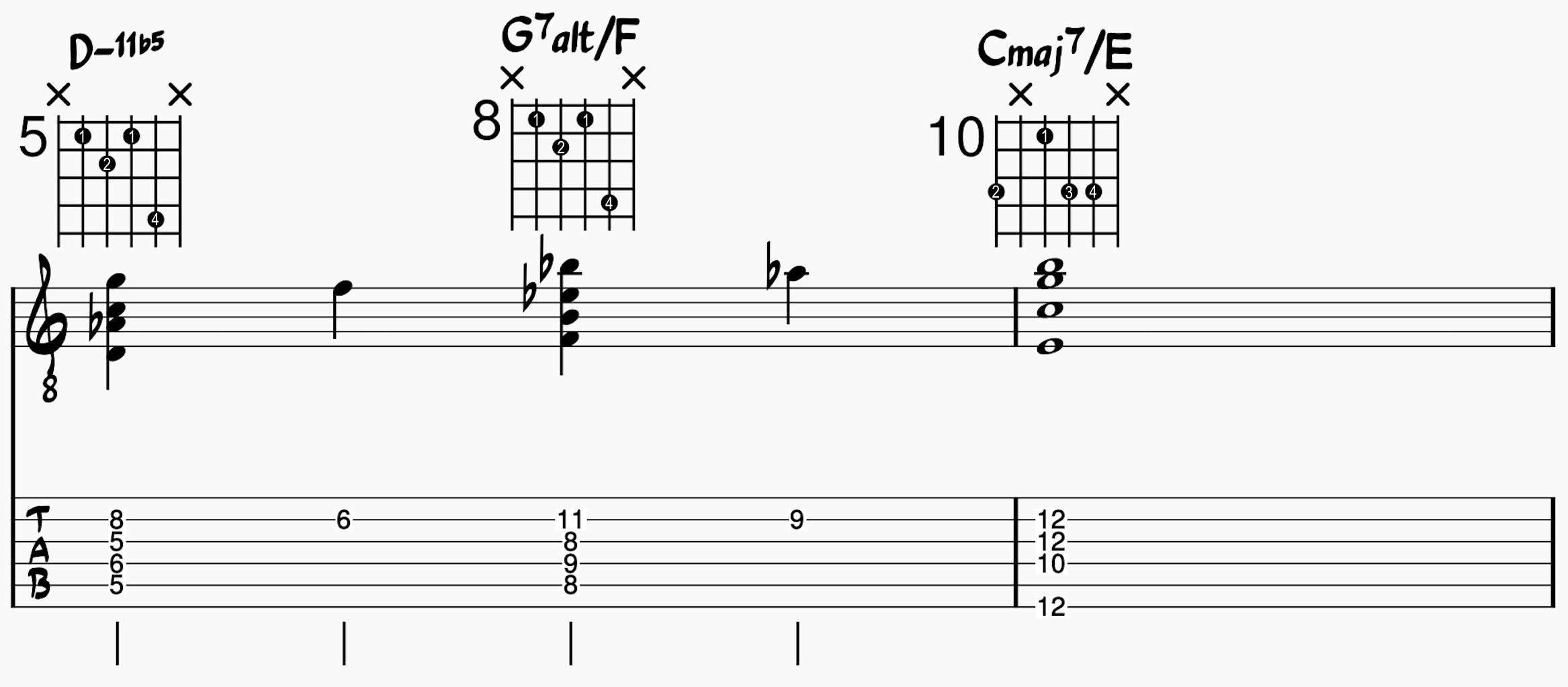 ii-V-I chord progression: D-11b5 to G7alt/F to Cmaj7/E