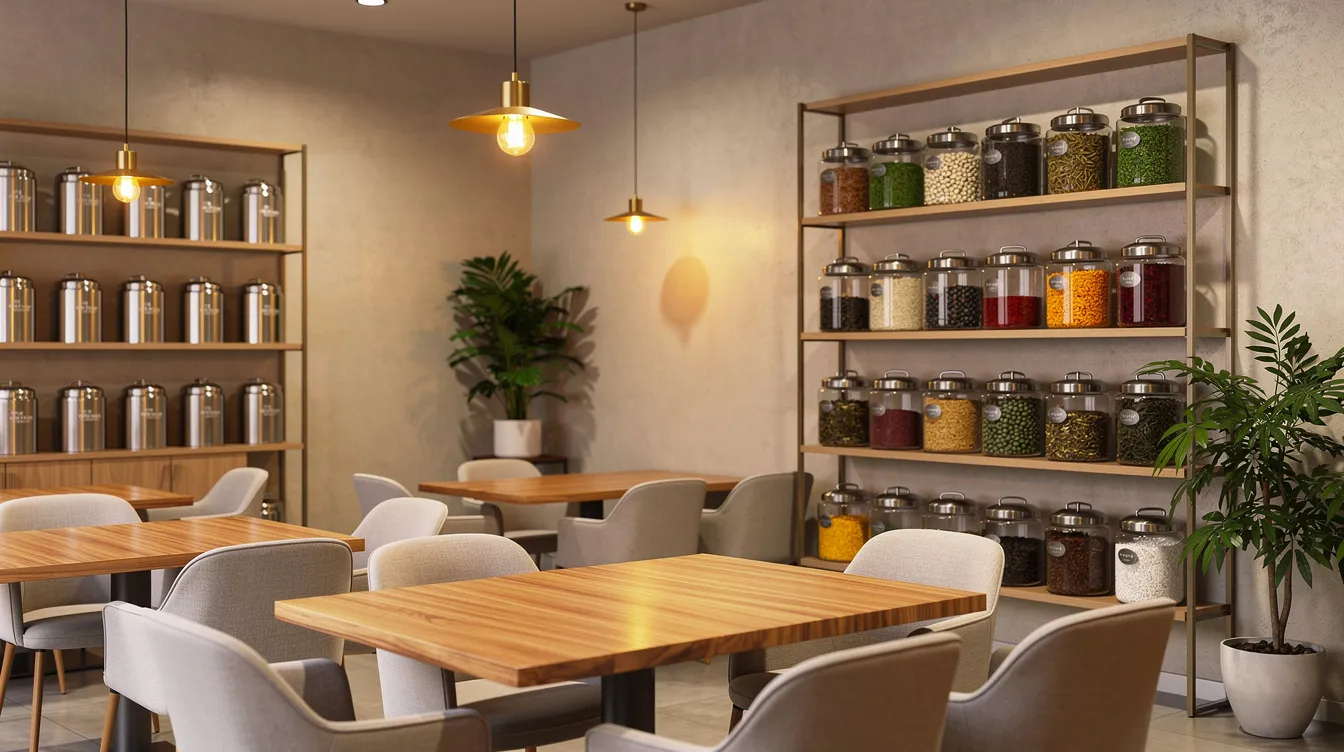 4341daae ffd6 4270 a371 499c72e350b2 The image depicts a cozy modern tea café featuring warm lighting and wooden tables, with shelves filled with premium tea caddies and jars of loose leaf tea, creating an inviting atmosphere for tea lovers. This tea shop serves as a perfect example of a successful tea business, showcasing a variety of organic and herbal teas, including popular options like darjeeling and masala chai.