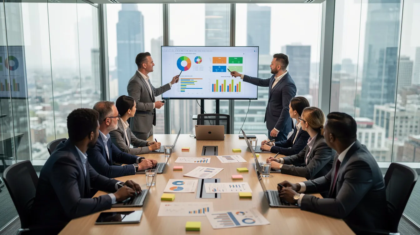 A diverse group of professionals is engaged in a strategic planning meeting inside a glass-walled conference room, collaboratively discussing ideas to promote innovation and enhance competitive advantage for their technology company. The atmosphere reflects a focus on problem-solving and decision-making, essential for both startups and larger enterprises aiming for growth and success.