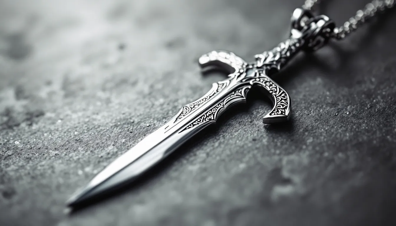 This image showcases a beautifully crafted silver Zulfiqar pendant, made from 925 sterling silver, featuring intricate designs that symbolize courage and justice. The pendant is displayed on various chains, highlighting its versatility as a necklace that can be worn as a representation of personal strength and spiritual virtues.