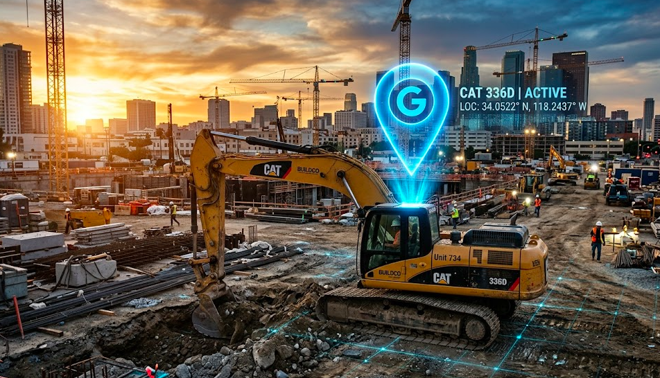GPS tracker installed on Caterpillar excavator at active construction site with real-time location monitoring