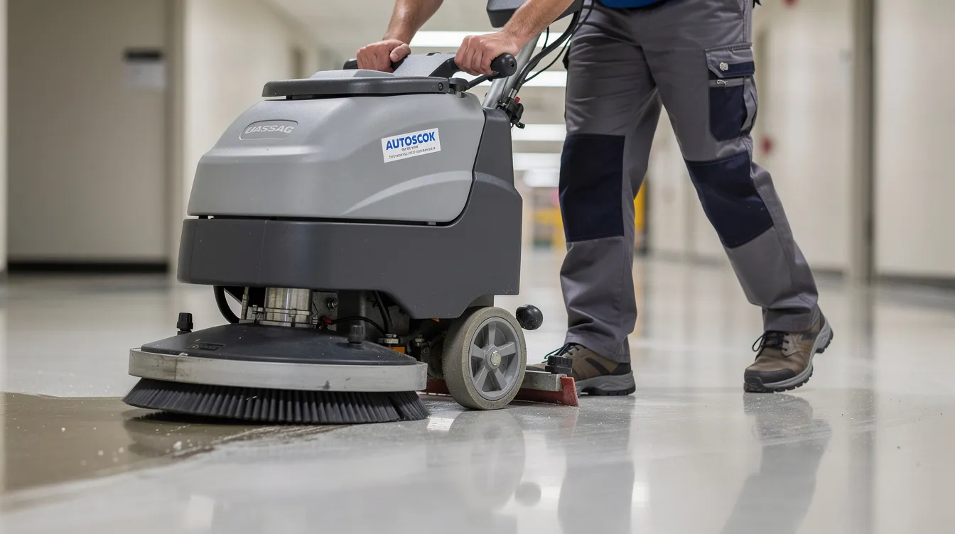 The image shows a person using an autoscrubber from the chest down, demonstrating the cleaning process in a commercial space. This professional cleaning service is essential for maintaining a sanitary environment in various facilities, ensuring spotless results in offices and industrial areas.
