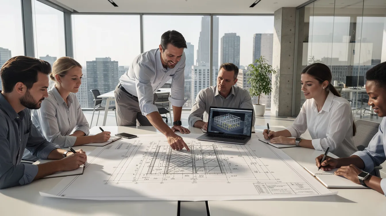 The image depicts structural engineers gathered around a conference table, intently reviewing blueprints and a laptop, showcasing their collaboration on engineering projects in a modern office setting. This scene reflects the technical expertise and innovative solutions provided by engineering firms, emphasizing the importance of effective project management in the engineering sector.