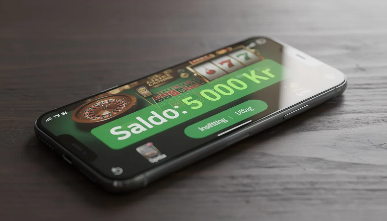 En smartphone visar en casinoapp med ett grönt saldo på skärmen, vilket indikerar att spelaren har vunnit. Denna typ av app är populär bland svenska spelare som söker casinon utan svensk licens och vill njuta av olika spel och bonusar.