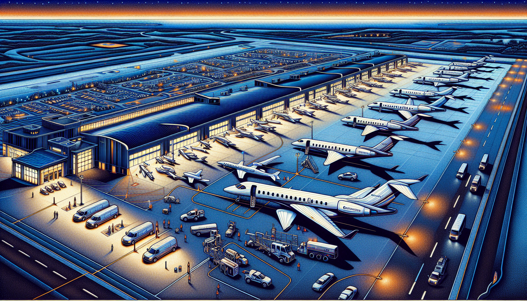 Illustration of Gainesville Regional Airport with private jets on the tarmac