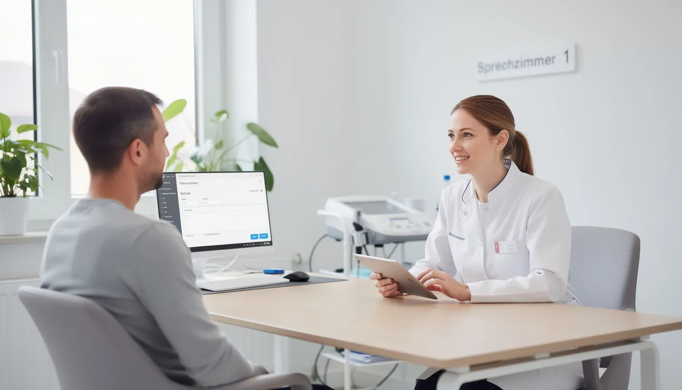 Ein Arzt führt ein Gespräch mit einem Patienten in einer modernen Praxis, während sie über die Möglichkeiten der Behandlung mit medizinischem Cannabis sprechen. Der Patient scheint interessiert an Informationen zu Cannabis auf Rezept und dessen Wirkung bei Beschwerden wie Schmerzen und Schlafstörungen.