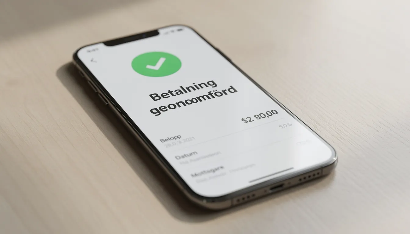En smartphone visar en betalningsbekräftelse på skärmen, vilket indikerar att en insättning har gjorts med ett visa kort. Bekräftelsen innehåller detaljer om beloppet och transaktionen, vilket är vanligt vid insättningar och uttag hos online casinon.