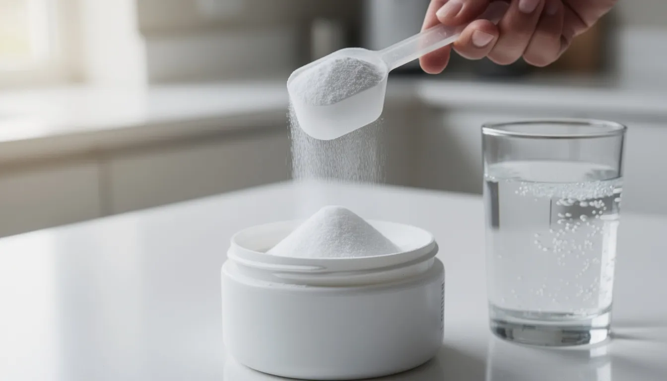 A person is measuring out creatine powder using a scoop, with a glass of water placed nearby, illustrating the process of creatine supplementation for muscle growth and enhanced exercise performance. This scene highlights the importance of proper dosage and timing when taking creatine supplements to support muscle recovery and increase muscle mass.