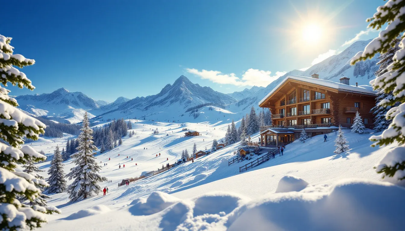 A picturesque mountain resort hotel, the Brian Head Lodge, is nestled among snow-covered peaks with ski slopes visible in the background, inviting travelers to enjoy winter activities in Southern Utah. The property features comfortable rooms and amenities, making it an ideal destination for families and guests looking to relax after a day on the slopes.