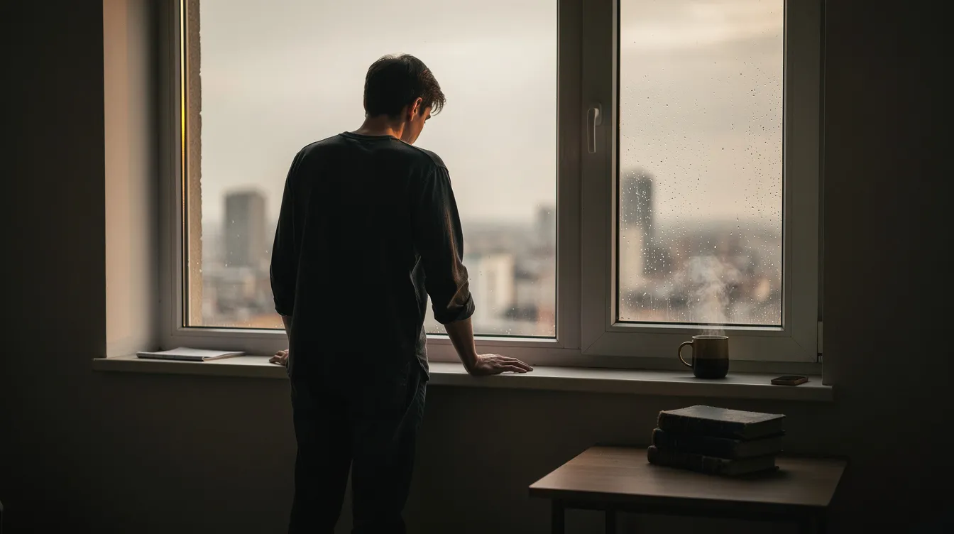 A person stands alone by a window, gazing outside as they reflect on past experiences in romantic relationships, contemplating their own commitment issues and emotional connection. The scene captures a moment of self-reflection, highlighting the complexities of love and the journey toward a stable relationship.